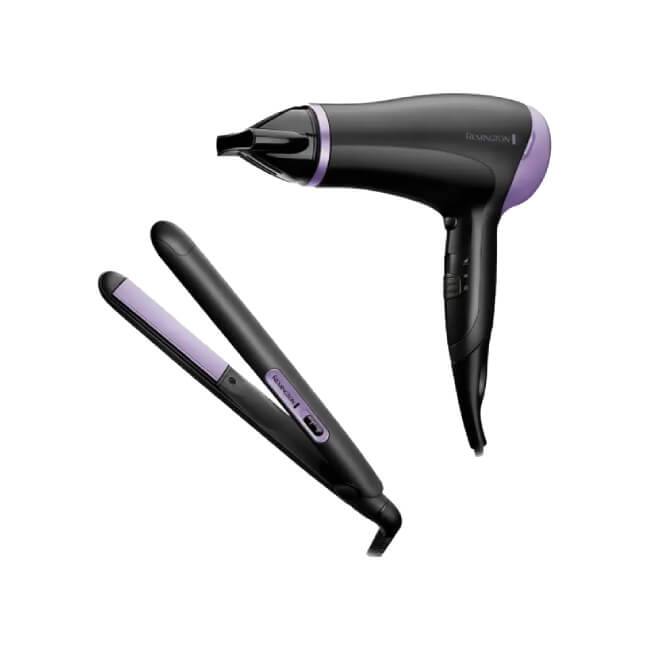 Combo Remington D3016GP-110F Secadora y Alisadora Essentials Color Negro con Morado
