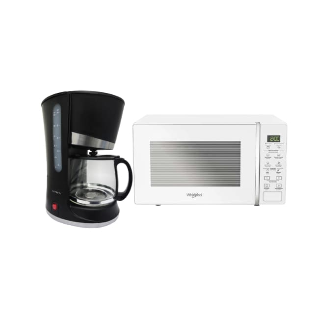 Microondas Whirlpool WM1807W 0.7P³ Color Blanco con Cafetera Sankey CM-1227 1.2Lts 12 Tazas 800W Color Negro